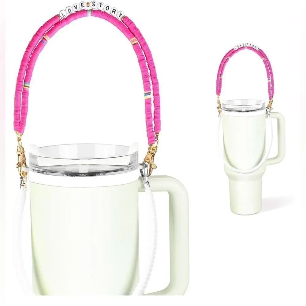 Hot Pink Stanley Cup Holder with strap with love Story spelled out.